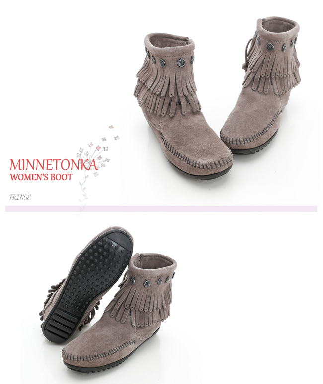 MINNETONKA 灰色純手工鉚釘二層流蘇短靴 (展示品)