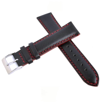 高級牛皮賽車素面通用高級錶帶(黑色/車縫線紅)
