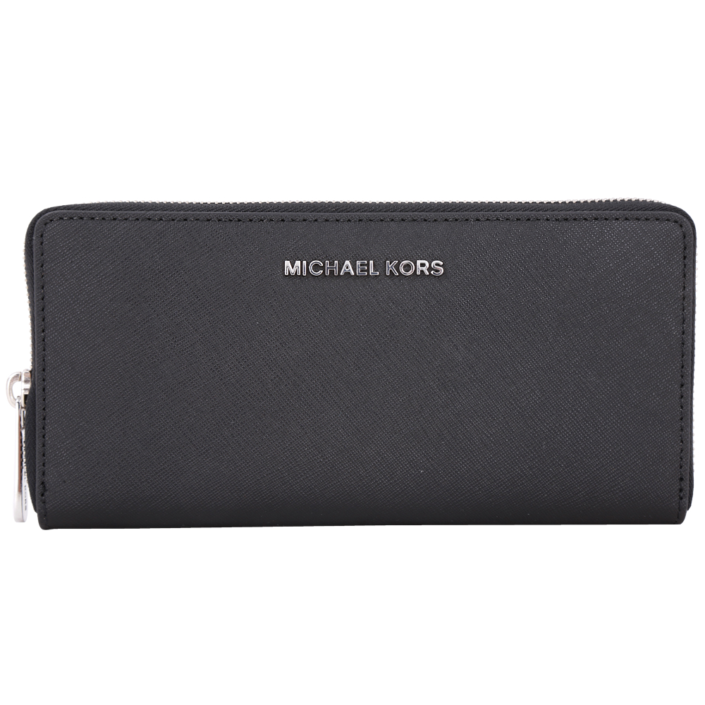 Michael Kors Jet Set Saffiano 銀字防刮牛皮拉鍊長夾(黑色)