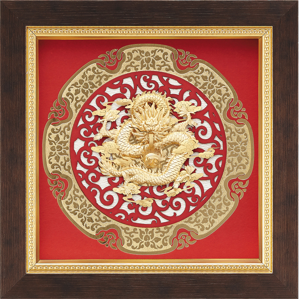 金箔畫 純金 圓形窗花系列 金龍【祥龍獻瑞】...21x21cm