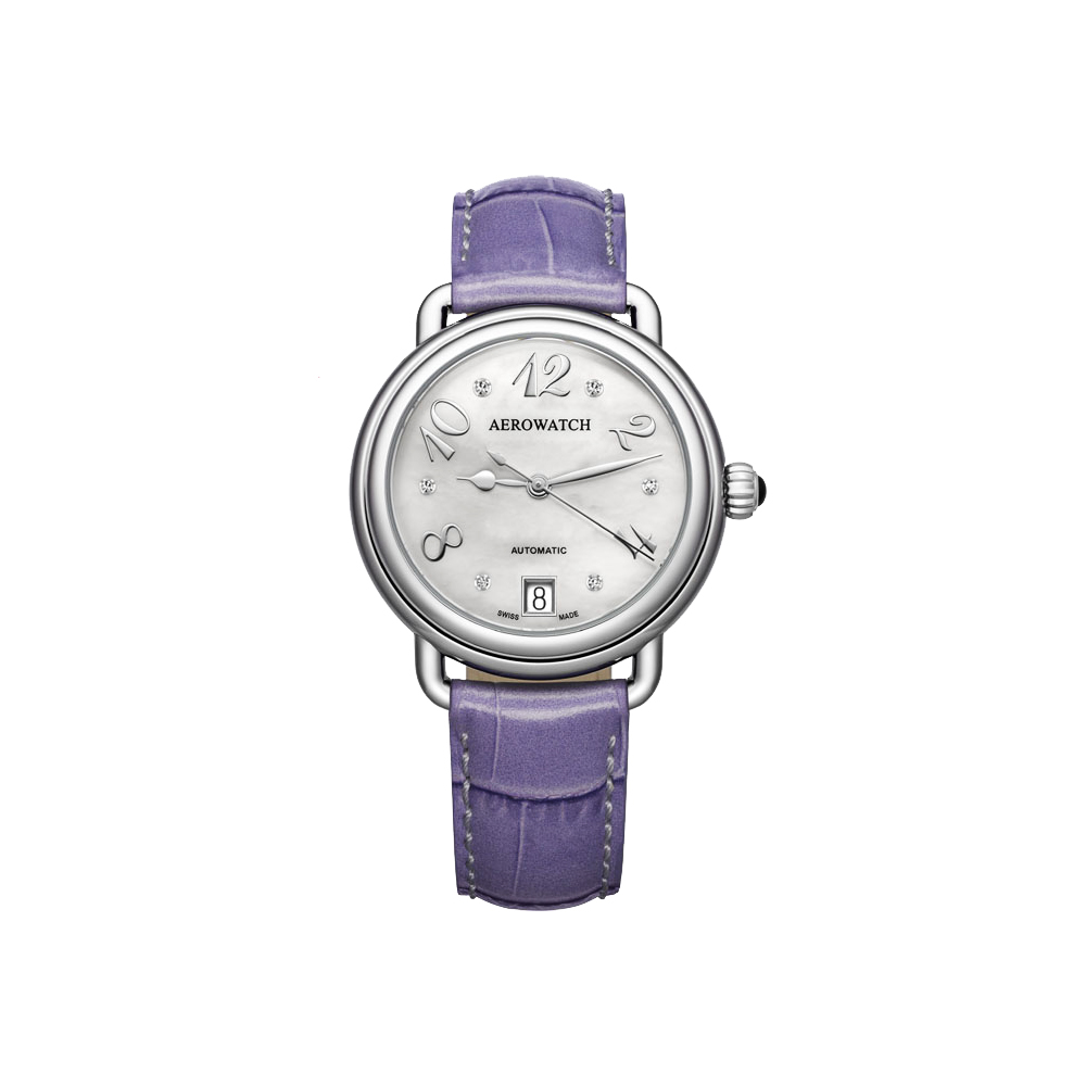 AEROWATCH 藝術珍珠貝機械腕錶-銀x紫/35mm