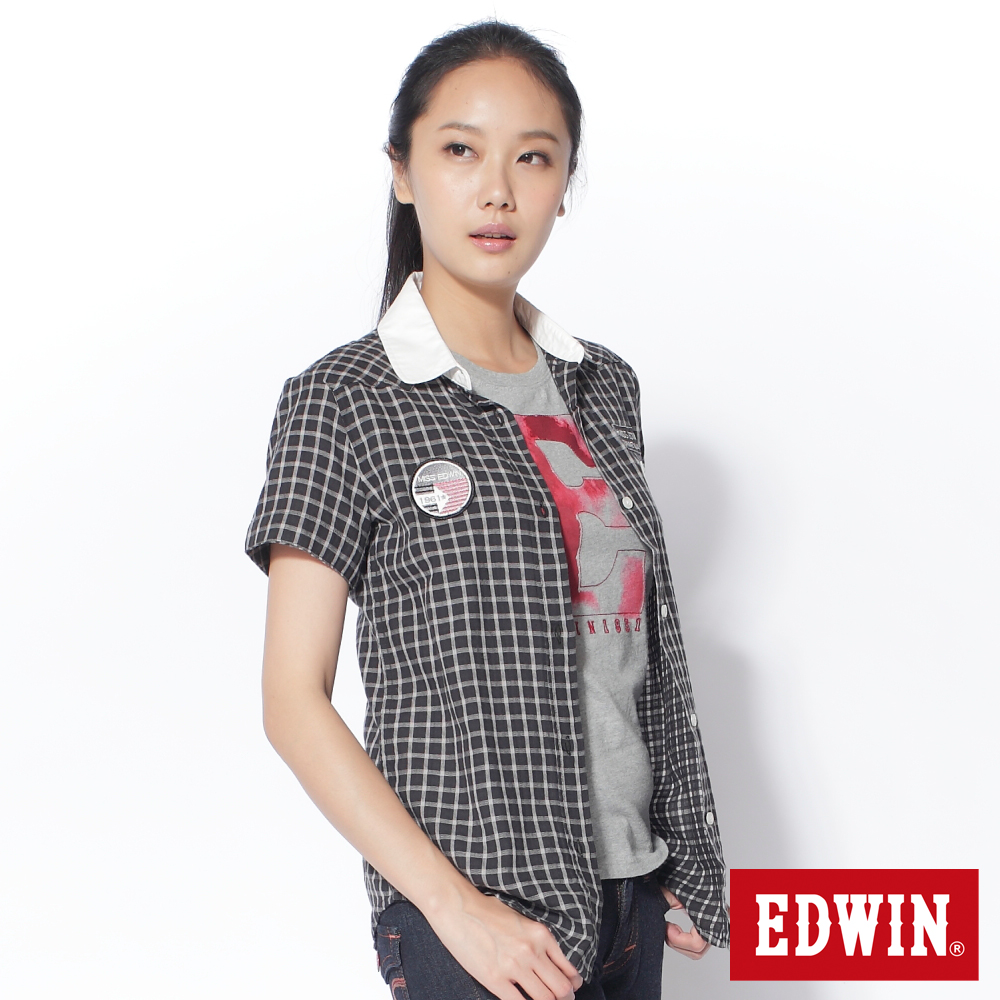 EDWIN學院風小格紋貼標襯衫-女款(黑色)