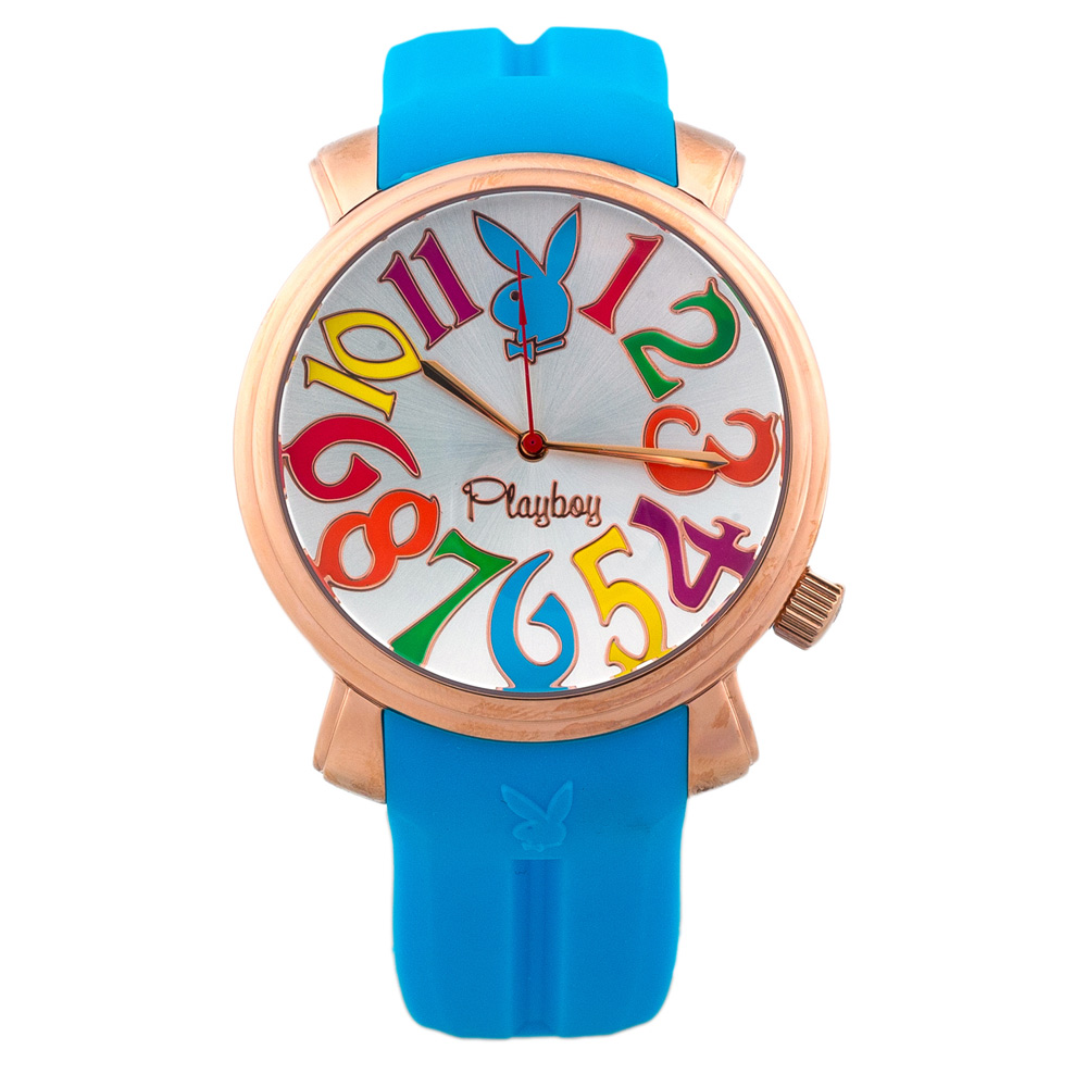 PLAYBOY 60週年紀念錶款 玫瑰金框+淺藍色帶/44mm