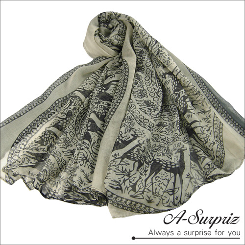 A-Surpriz 優雅復古麋鹿圖樣巴黎紗圍巾(米灰)