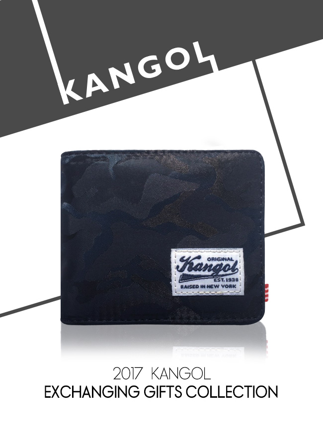 KANGOL 韓式潮流 多夾層橫式短皮夾+鑰匙圈禮盒-迷彩藍