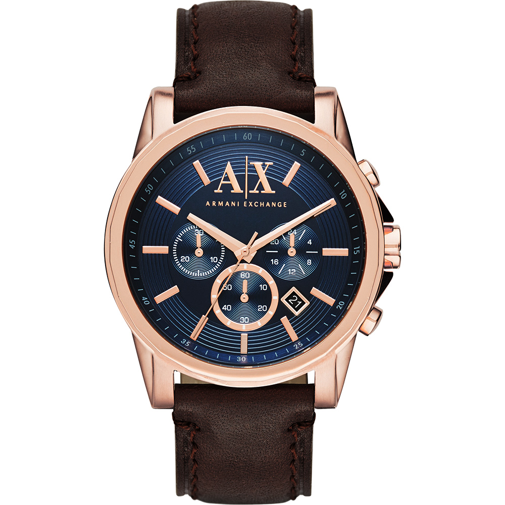 A│X Armani Exchange 探險家三眼計時腕錶-藍x玫瑰金框/44mm