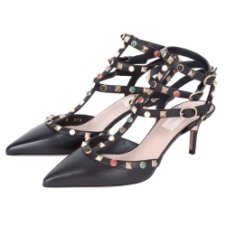 VALENTINO Rockstud Rolling 七彩鉚釘繫帶高跟鞋(黑)