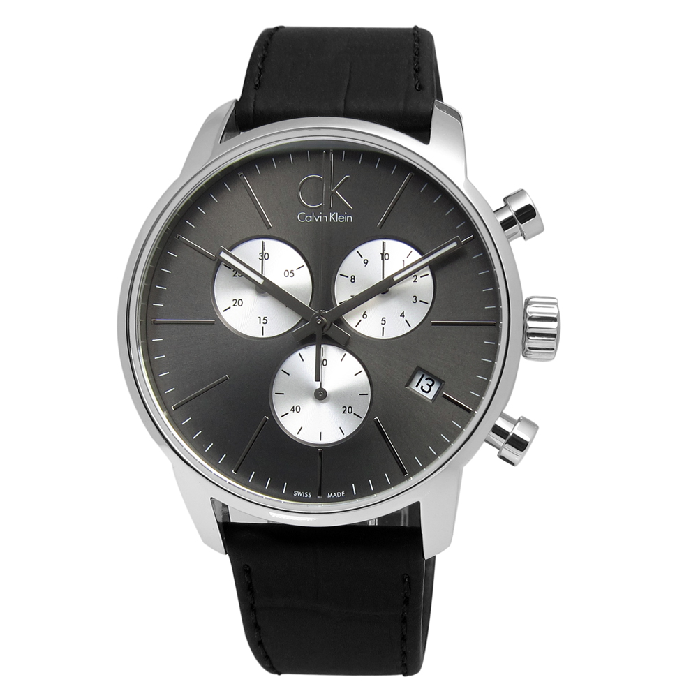 CK CITY優雅光環計時指針皮革腕錶-灰x銀框x黑/43mm
