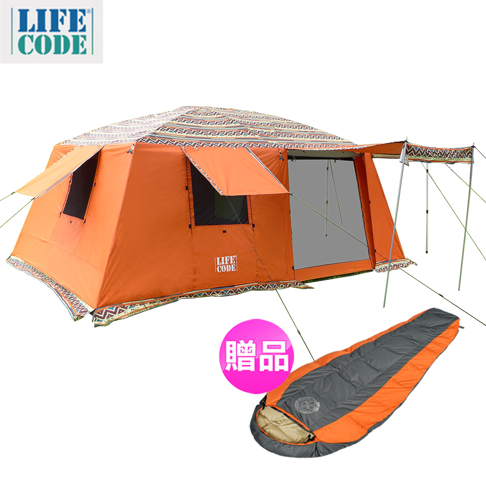 LIFECODE 民族風《二房一廳》多用途超大4-8人三門三窗帳篷-桔色 + 送極光睡袋