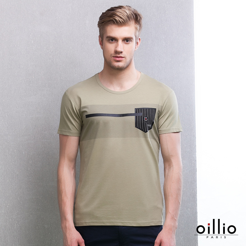 歐洲貴族oillio 圓領T恤 假口袋設計 拼貼風格 綠色