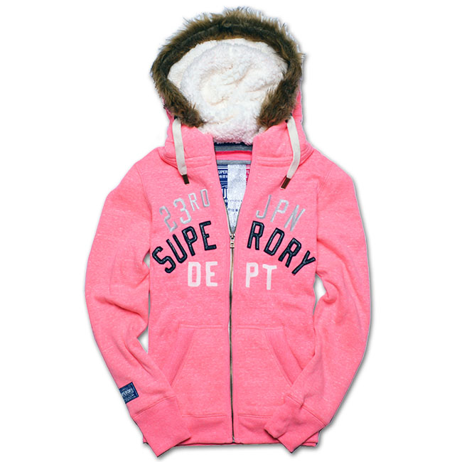 Superdry 極度乾燥 貼布繡金蔥刷毛外套-螢光粉紅