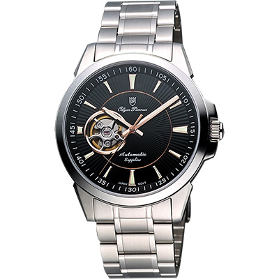 Olympianus 奧柏 都會鏤空時尚機械腕錶-黑/銀/40mm