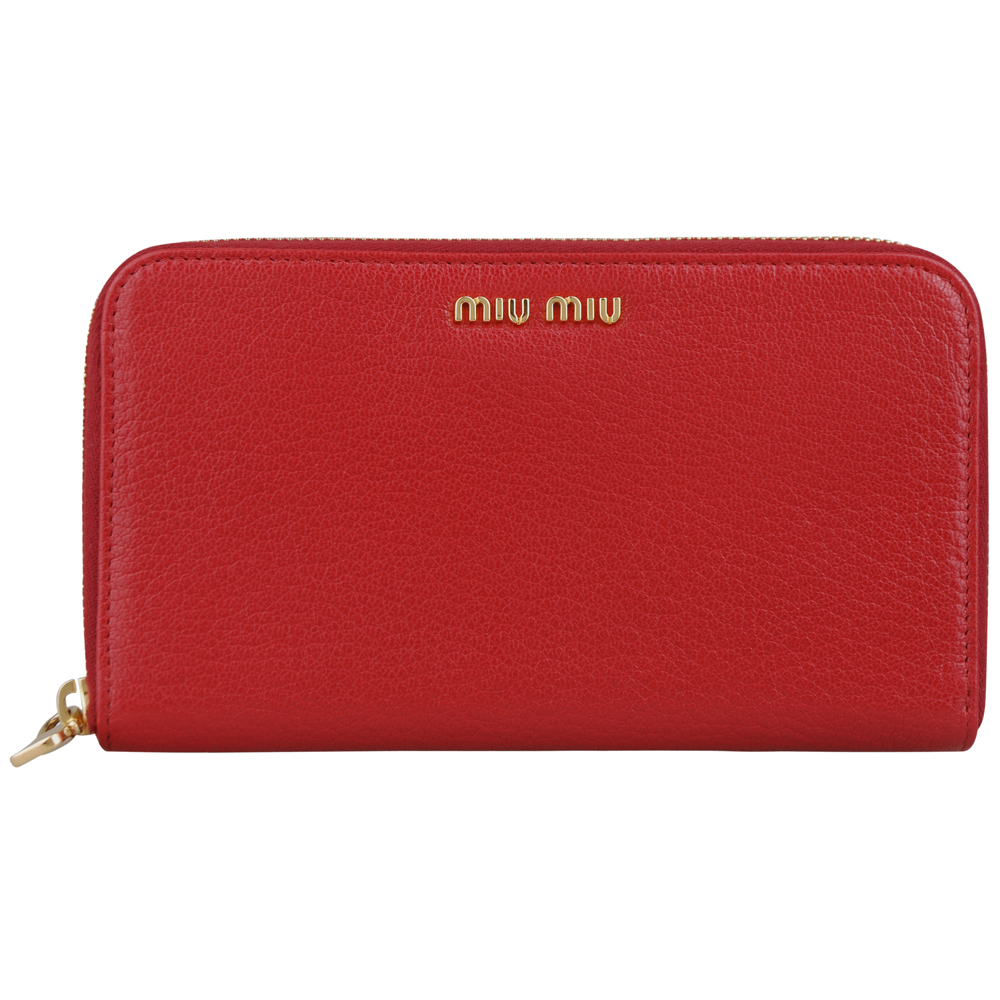 MIU MIU Coffer 經典金字LOGO山羊皮拉鍊長夾(大紅)