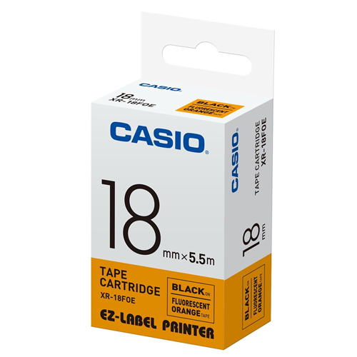 CASIO標籤機專用特殊色帶-18mm(瑩光色材質)瑩光橘底黑字-XR-18FOE1