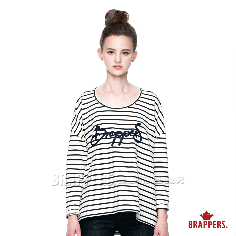 BRAPPERS 女款 條紋繡logo寬鬆長袖上衣-米底黑條