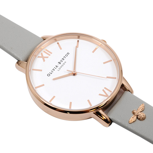 Olivia Burton英倫復古手錶 簡約3D蜜蜂裝飾錶帶灰色真皮玫瑰金框38mm
