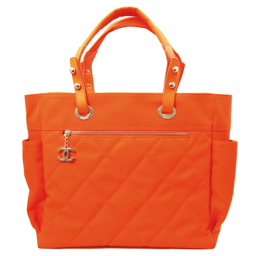CHANEL Paris-Biarritz巴黎系列菱格紋購物托特包(螢光橘)