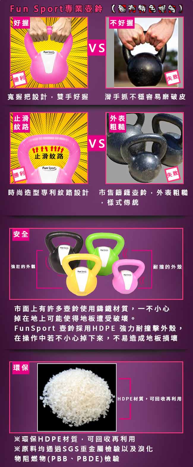 《Fun Sport》3公斤 壺鈴kettlebell(粉紅)台灣製造/有氧 肌力 重訓