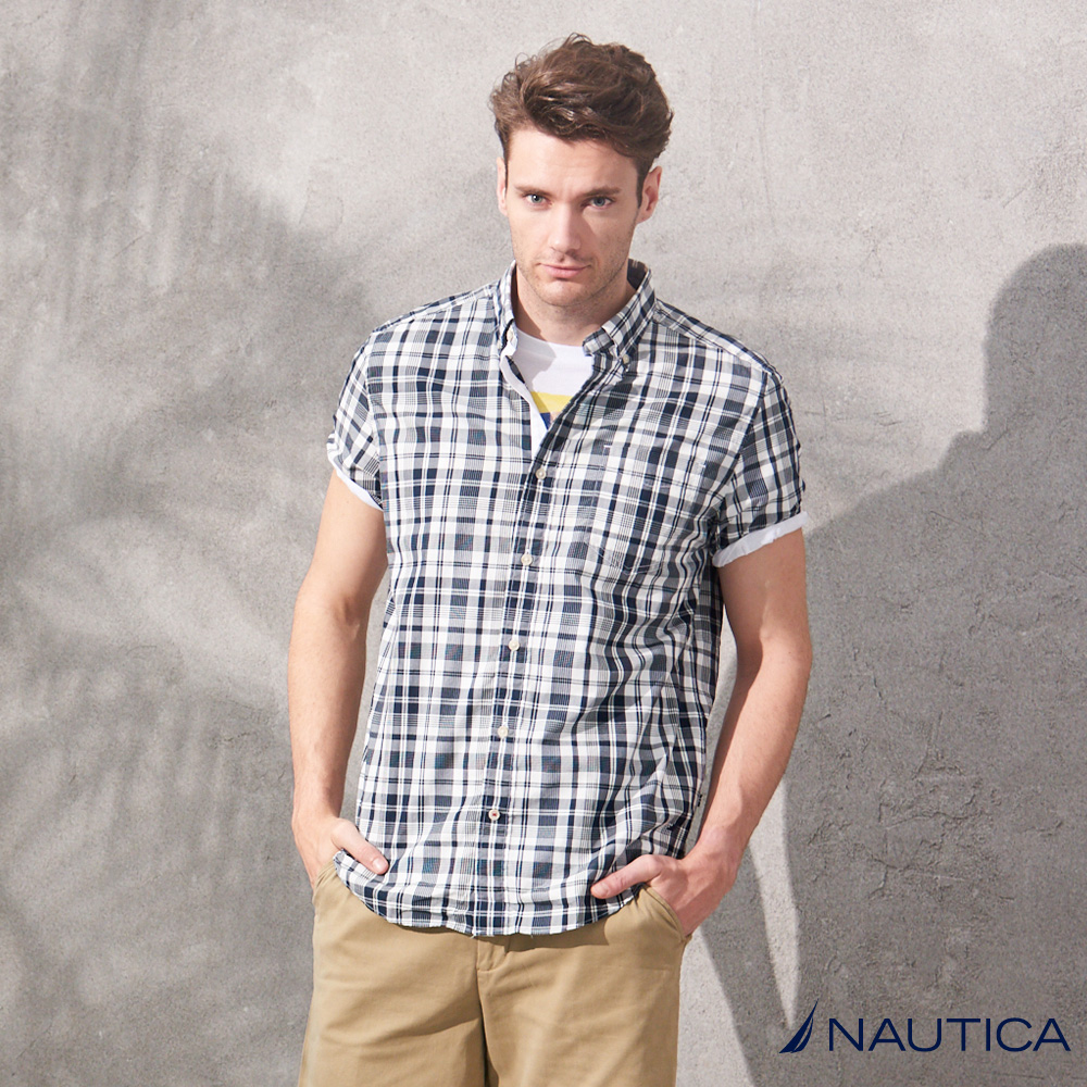 Nautica 文青風短袖格紋襯衫-藍