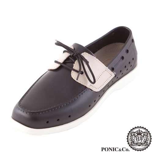 (男/女)Ponic&Co美國加州環保防水洞洞綁帶帆船鞋-黑色