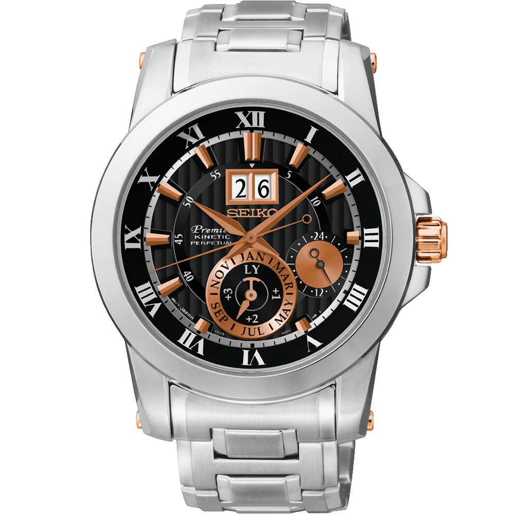 SEIKO PREMIER 人動電能萬年曆腕錶(SNP098J1)-黑x玫塊金/42mm