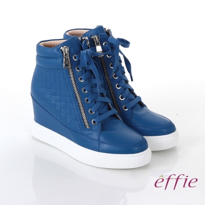 effie 心機美型 全牛皮方格壓紋內增高休閒鞋 藍
