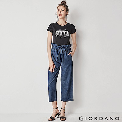 GIORDANO  女裝高腰綁帶花苞九分寬版牛仔褲-01 中藍