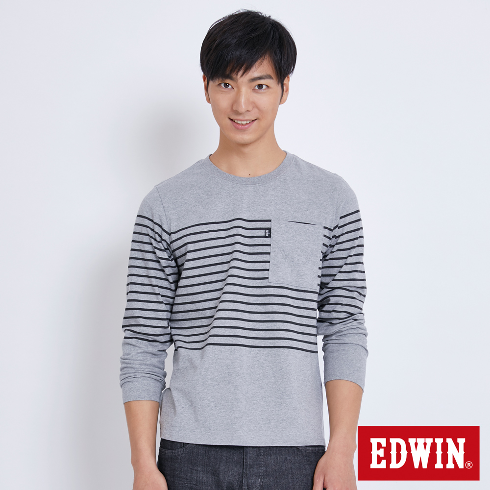 EDWIN 休閒條紋貼袋長袖T恤-男-麻灰