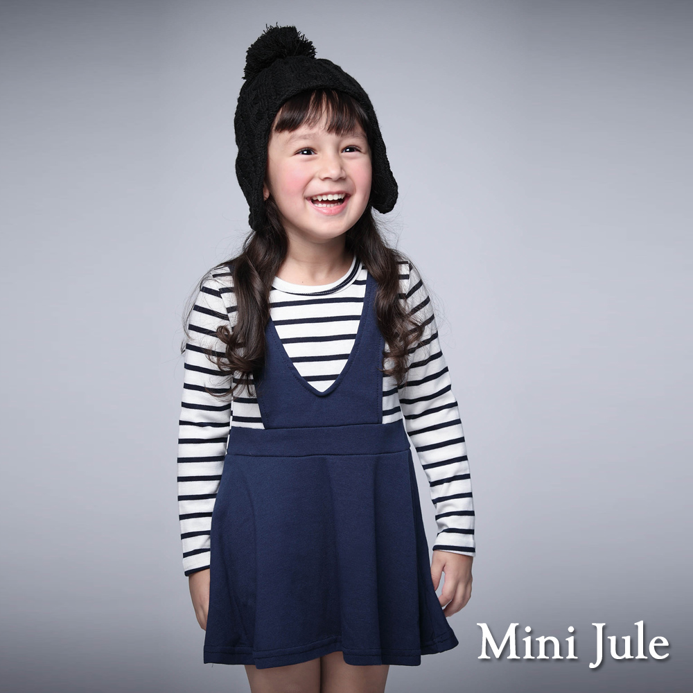 Mini Jule 童裝-洋裝 條紋假兩件吊帶長袖洋裝(藍)