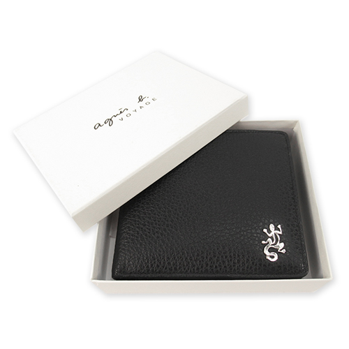 agnes b.金屬蜥蜴荔枝皮男短夾/含錢袋(黑)