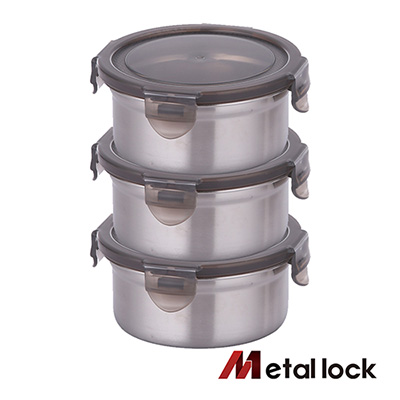 韓國Metal lock 圓形不鏽鋼保鮮盒460ml-3入組