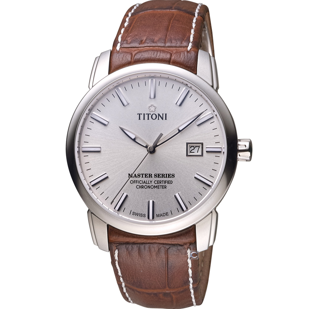 TITONI Master Series 天文台認證機械腕錶-白x咖啡/41mm