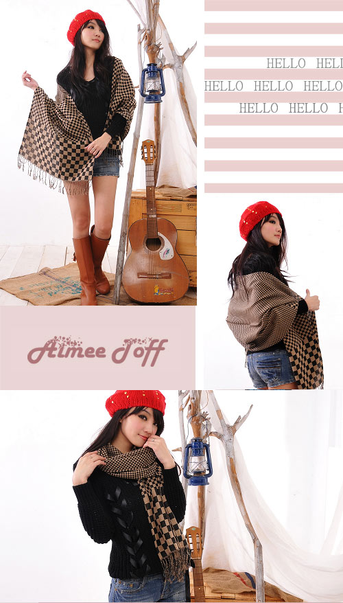 Aimee Toff 中性普普方格層次寬版圍巾(咖棕)