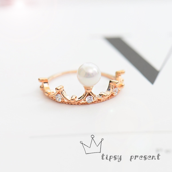 微醺禮物 鋯石 單顆珍珠皇冠 戒指