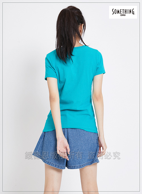 SOMETHING 熱帶花紋V領短袖T恤-女-藍綠色