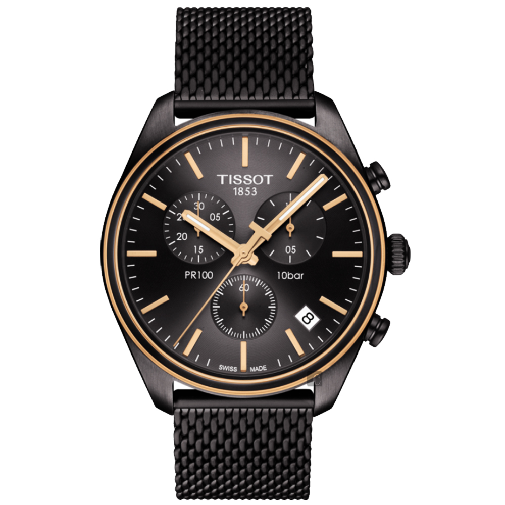 TISSOT 天梭 官方授權 PR100 經典米蘭帶計時手錶-鍍黑/41mm T1014172306100