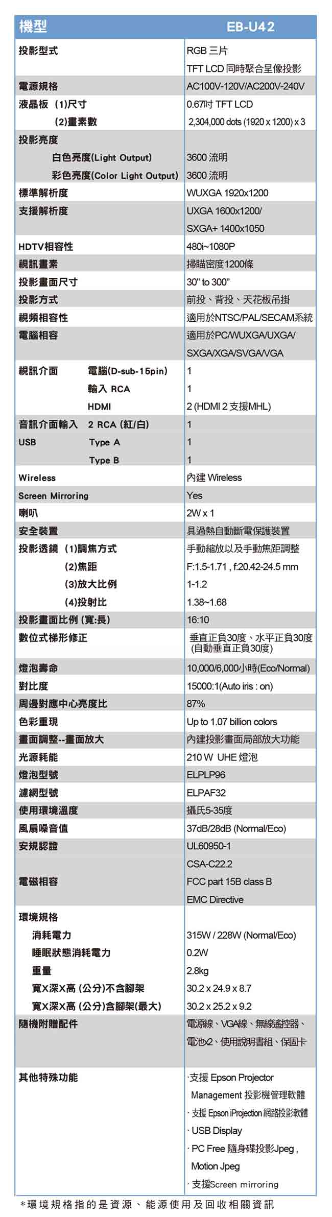 EPSON EB-U42 亮彩無線投影機