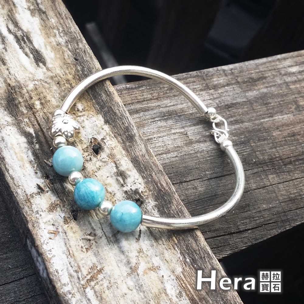 Hera 925純銀手作天然拉利瑪石圓珠梅花手環/手鍊