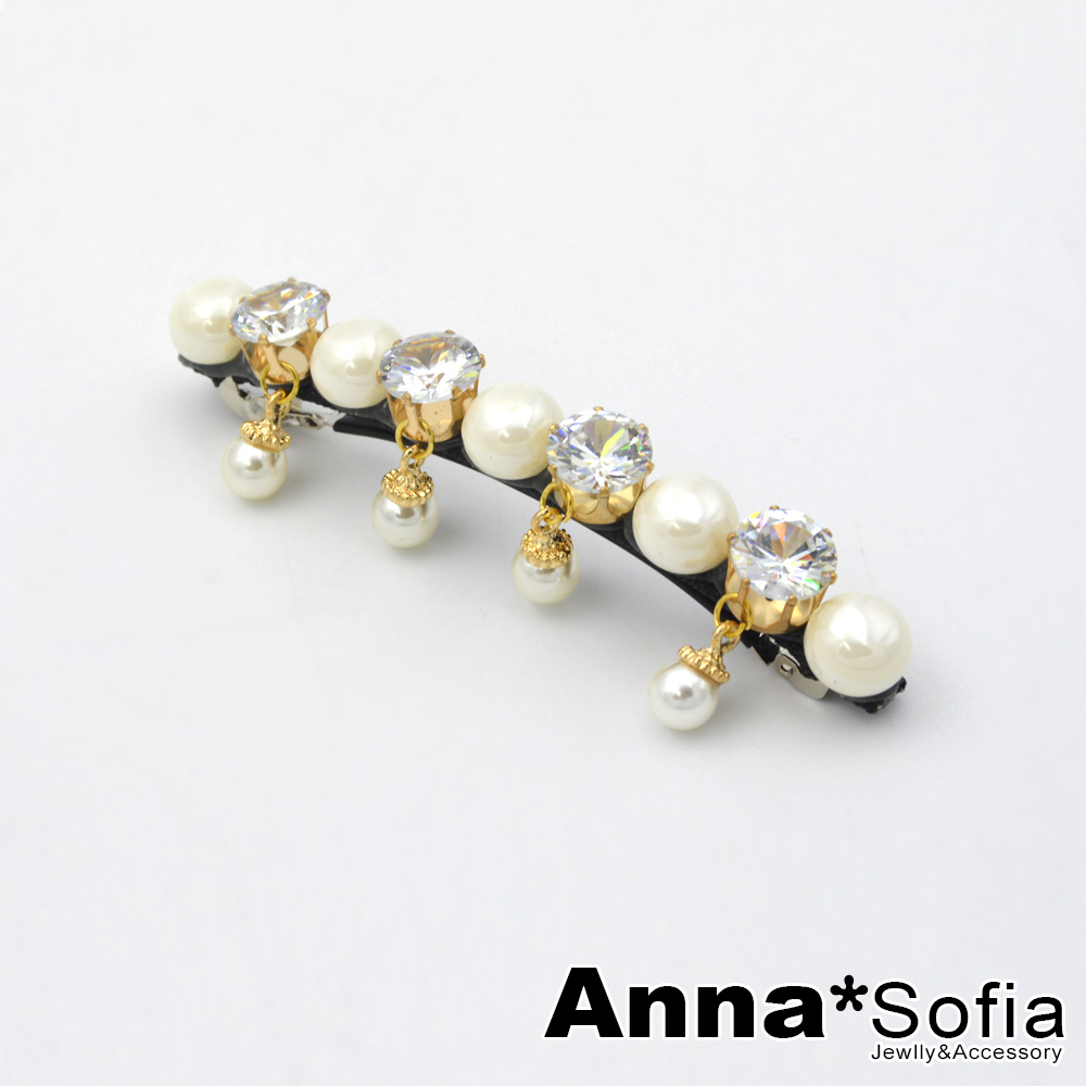 AnnaSofia 奢鑽一字排垂珠 純手工長髮夾