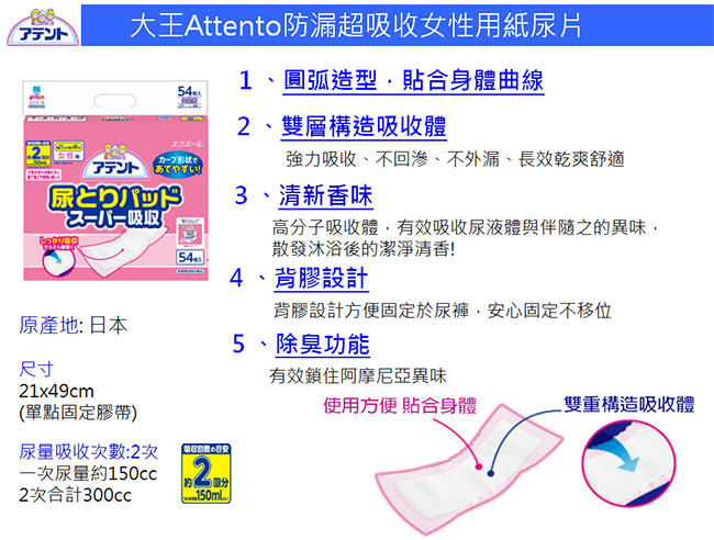 日本大王Attento防漏超吸收女性用紙尿片(54片/包)
