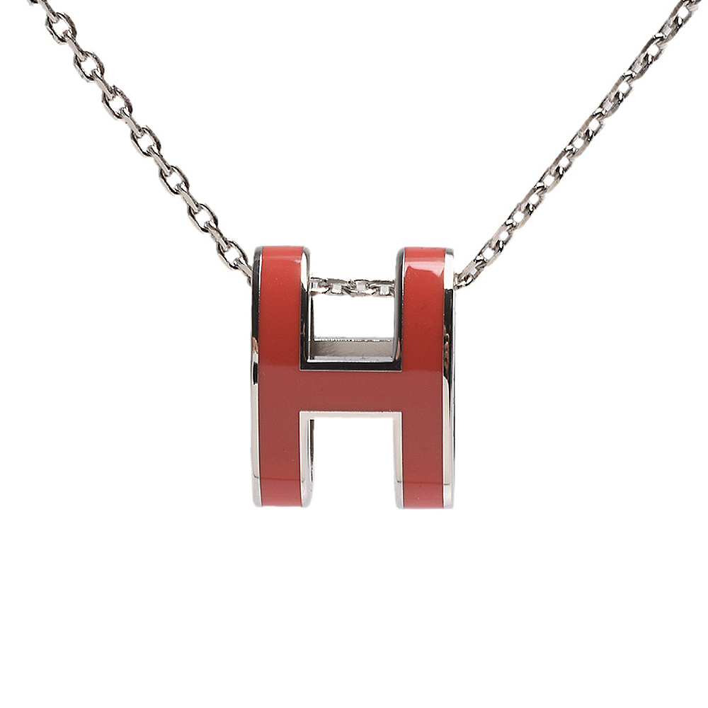 HERMES 經典Pop H立體簍空橢圓LOGO項鍊(銀X珊瑚紅)