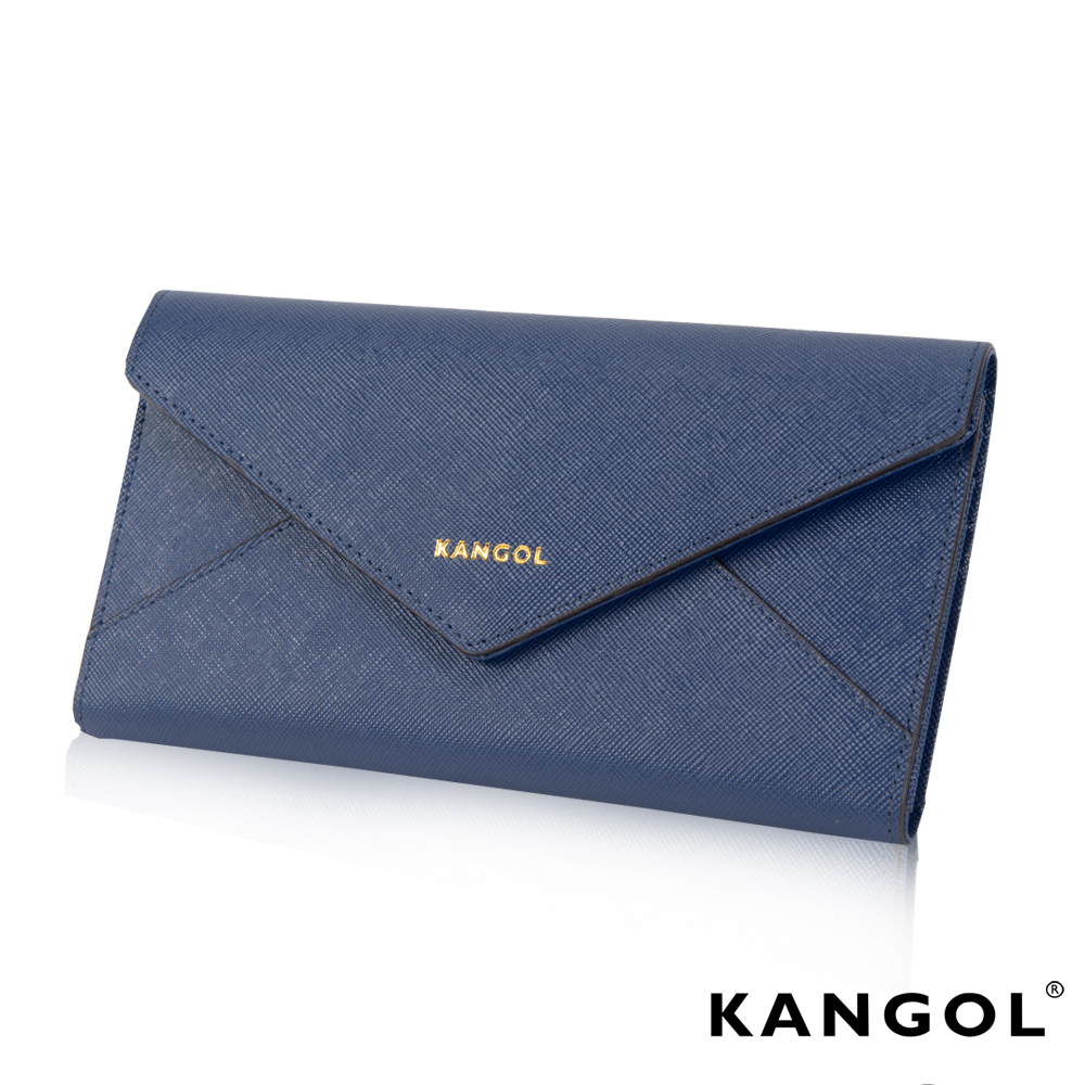KANGOL 英式 優雅不羈誘惑明信片女長皮夾 十字紋設計感 三色-藍