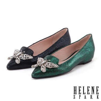 低跟鞋 HELENE SPARK 晶鑽蝴蝶金屬羊皮內增高尖頭低跟鞋－黑