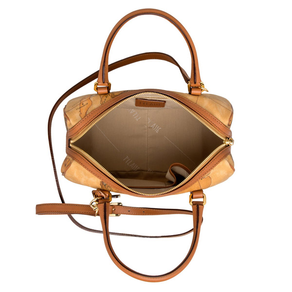 Alviero Martini 義大利地圖包 波士頓拉鍊手提側背包(中)-地圖黃