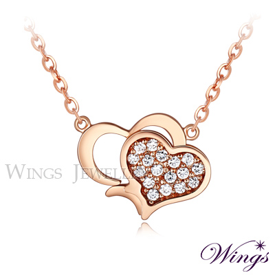 Wings 雙心奇緣 閃耀進口方晶鋯石美鑽 玫瑰金項鍊