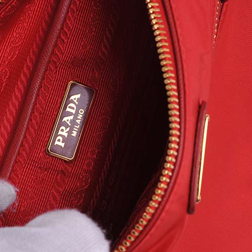 PRADA 經典三角牌尼龍防刮皮革肩背/手提包(紅色)