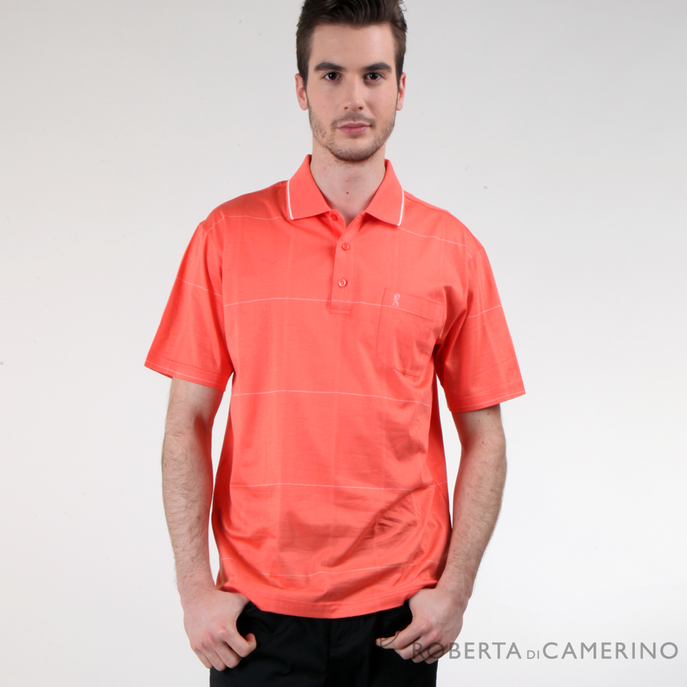 ROBERTA諾貝達 橘紅色 白色細條紋造形短袖POLO棉衫