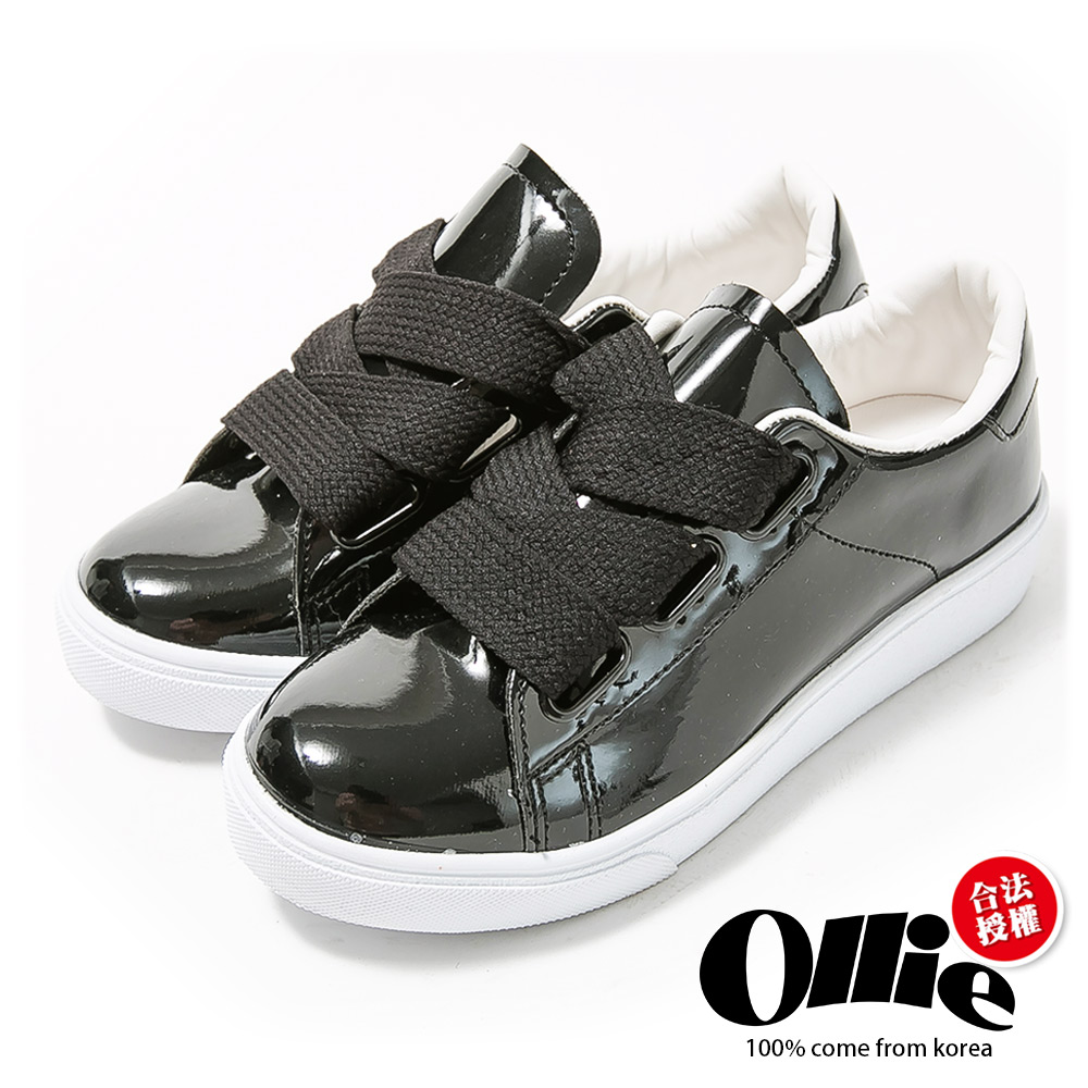 Ollie韓國空運-正韓製漆皮光感寬帶休閒鞋-黑