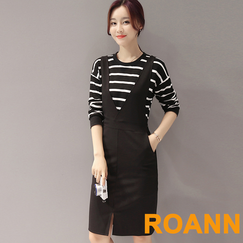 條紋圓領T恤+吊帶窄裙套裝(黑色)-ROANN