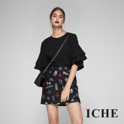 ICHE衣哲 暖時尚羊毛拼接提花織紋個性造型裙-黑
